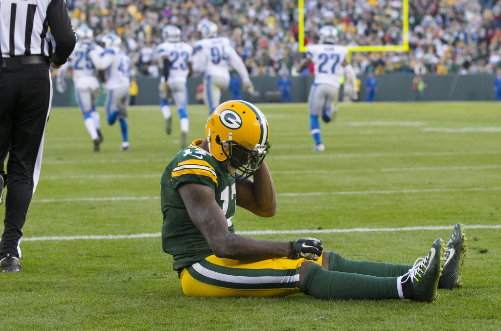 Nov 15 2015 Green Bay WI USA Green Bay Packers wide receiver Davante Adams reacts after dropping a pass on a two point conversion attempt during the fourth quarter against the Detroit Lions at Lambeau Field. Detroit won 18-16. Mandatory Credit