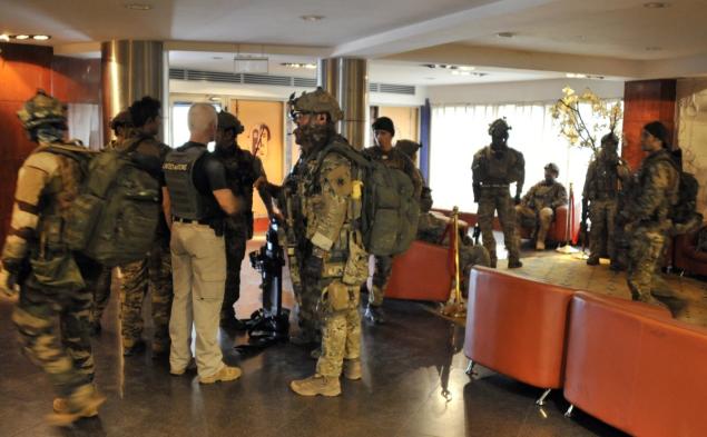 Members of special forces are seen inside the Radisson Blu hotel in Bamako