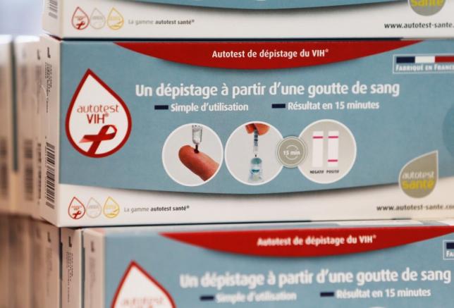 HIV self tests are displayed in a pharmacy in Bordeaux France