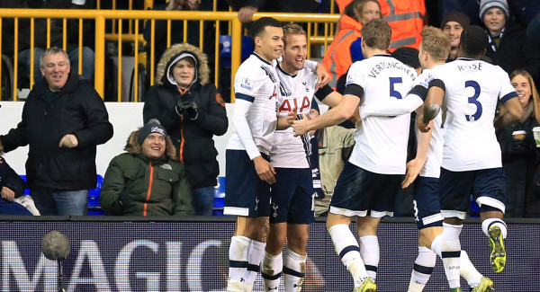 Harry Kane celebrates scoring Tottenham’s third goal of the game with team-mates at White Hart Lane