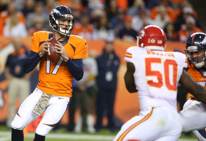 Nov 15 2015 Denver CO USA Denver Broncos quarterback Brock Osweiler looks to pass the ball during the second half against the Kansas City Chiefs at Sports Authority Field at Mile High. The Chiefs won 29-13. Mandatory Credit Chris Humphreys-USA