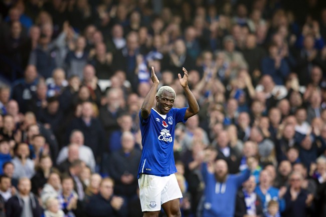 Everton's Arouna Kone celebrates after scoring his third goal during the English Premier League soccer match between Everton and Sunderland at Goodison Park Stadium Liverpool England Sunday Nov.1 2015