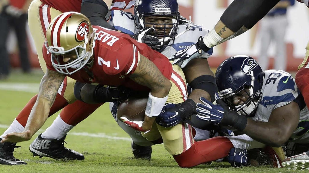 San Francisco 49ers quarterback Colin Kaepernick gets sacked