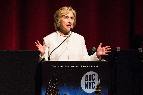 Democratic presidential hopeful Hillary Clinton speaks at the premier of the documentary film'Makers Once and For All at the School of Visual Arts