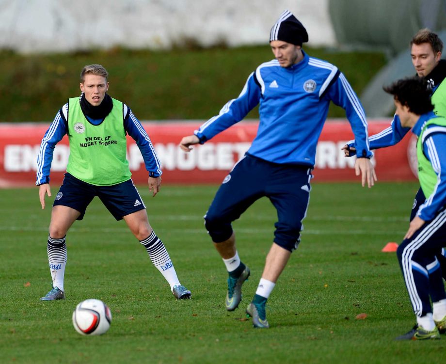 From left Denmark's Viktor Fischer Nicklas Bendtner and Christian Eriksen in action during training ahead of the Euro 2016 play-off soccer match Sweden vs. Denmark in Elsinore Denmark on Thursday Nov. 12 2015. DENMARK OUT