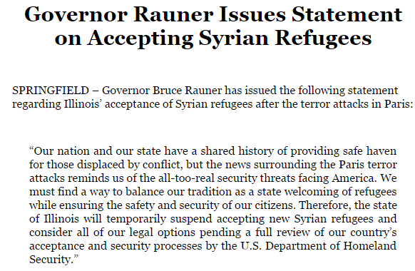 In Illinois, Gov. Rauner suspends accepting new Syrian refugees