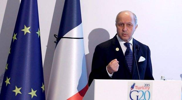 French Foreign Minister Laurent Fabius addresses a news conference at the Group of 20 leaders summit in the Mediterranean resort city of Antalya Turkey