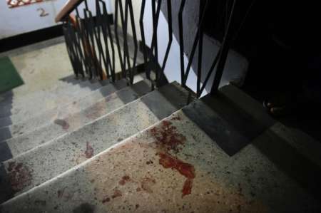 Blood stains are seen at the scene of an attack on Bangladesh publisher Ahmedur Rashid Chowdhury Tutul blogger Tarik Rahim and writer Ranadipam Basu in an office in Dhaka