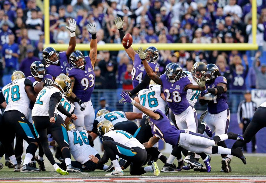 Jacksonville Jaguars kicker Jason Myers boots a winning field goal in the final moments of an NFL football game against the Baltimore Ravens Sunday Nov. 15 2015 in Baltimore. Jacksonville won 22-20