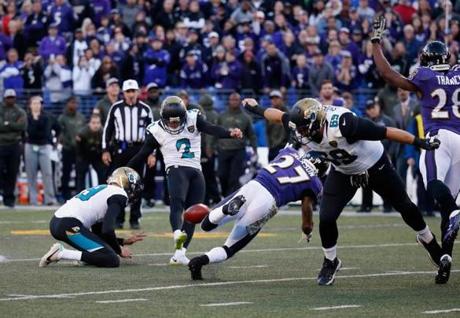 BALTIMORE MD- NOVEMBER 15 Kicker Jason Myers #2 of the Jacksonville Jaguars hits the game field goal to give the Jaguars a 22-20 win over the Baltimore Ravens at M&T Bank Stadium