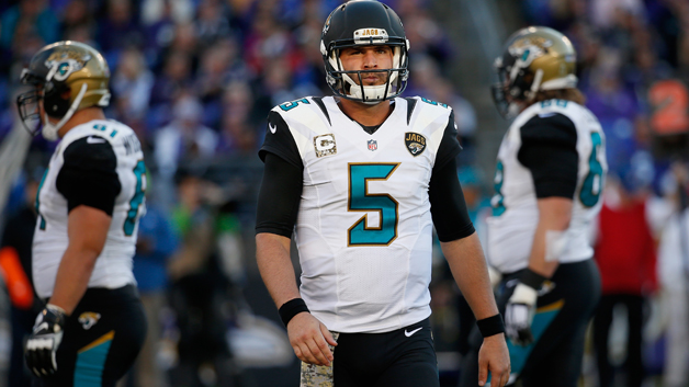 BALTIMORE MD- NOVEMBER 15 Quarterback Blake Bortles #5 of the Jacksonville Jaguars looks on during a break in play against the Baltimore Ravens at M&T Bank Stadium