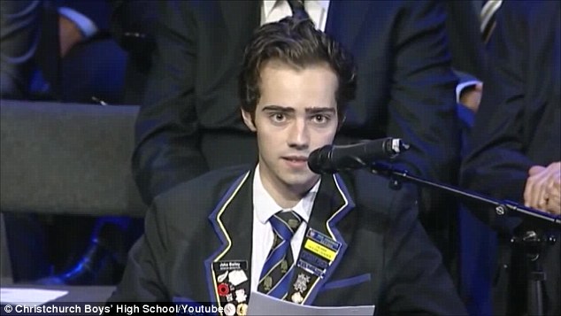 Jake Bailey head boy of Christchurch Boy's High School delivered a moving speech at his final assembly