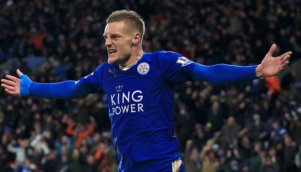 Jamie Vardy of Leicester celebrates after scoring their first goal against Manchester United