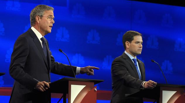 Jeb Bush and Marco Rubio at the CNBC Republican presidential debate Wednesday. Their battling of late is leaving some Florida Republicans with an uncomfortable choice