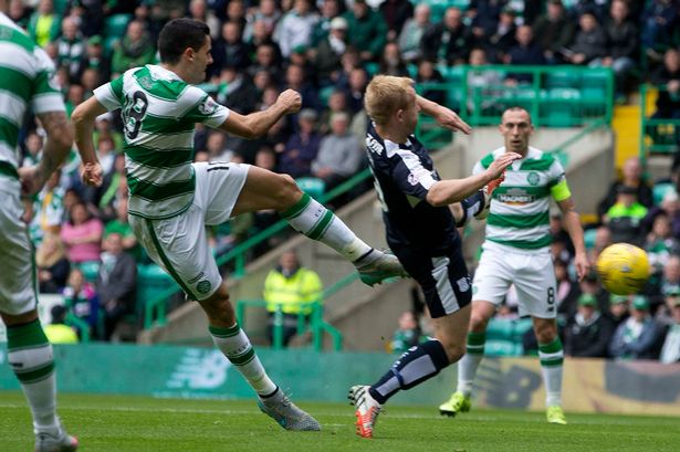 Celtic's Tom Rogic scores his side's first goal of the game against Dundee