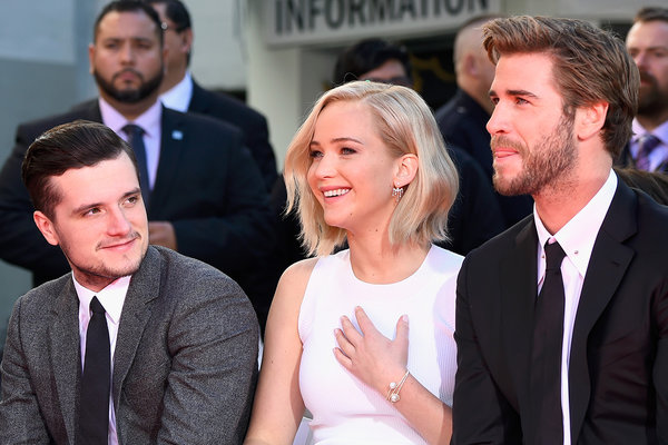 Actors Josh Hutcherson Jennifer Lawrence and Liam Hemsworth attend Lionsgate´s'The Hunger Games Mockingjay- Part 2 Hand and Footprint Ceremony at TCL Chinese Theatre