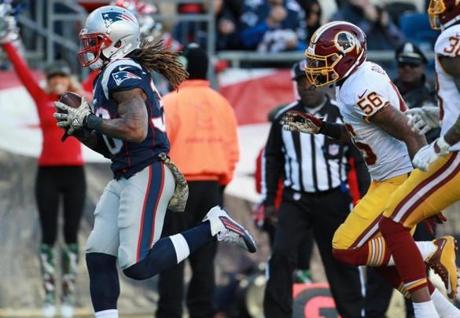 NE Patriot Brandon Bolden scores a TD in 2nd half against Washington Redskins at Gillette Stadium. Globe staff  Jim Davis