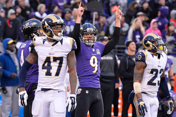 Baltimore Ravens kicker Justin Tucker celebrates his game winning field goal against the St. Louis Rams at M&T Bank Stadium. Baltimore Ravens defeated St. Louis Rams 16-13