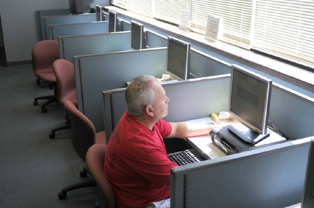 John Gooch files for unemployment at the Georgia Department of Labor office in Dalton Ga