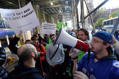 Fantasy sports fans demonstrated outside the Financial District offices of New York state Attorney General Eric Schneiderman last Friday