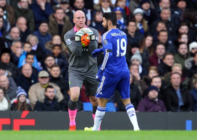 John Ruddy of Norwich and Diego Costa of Chelsea