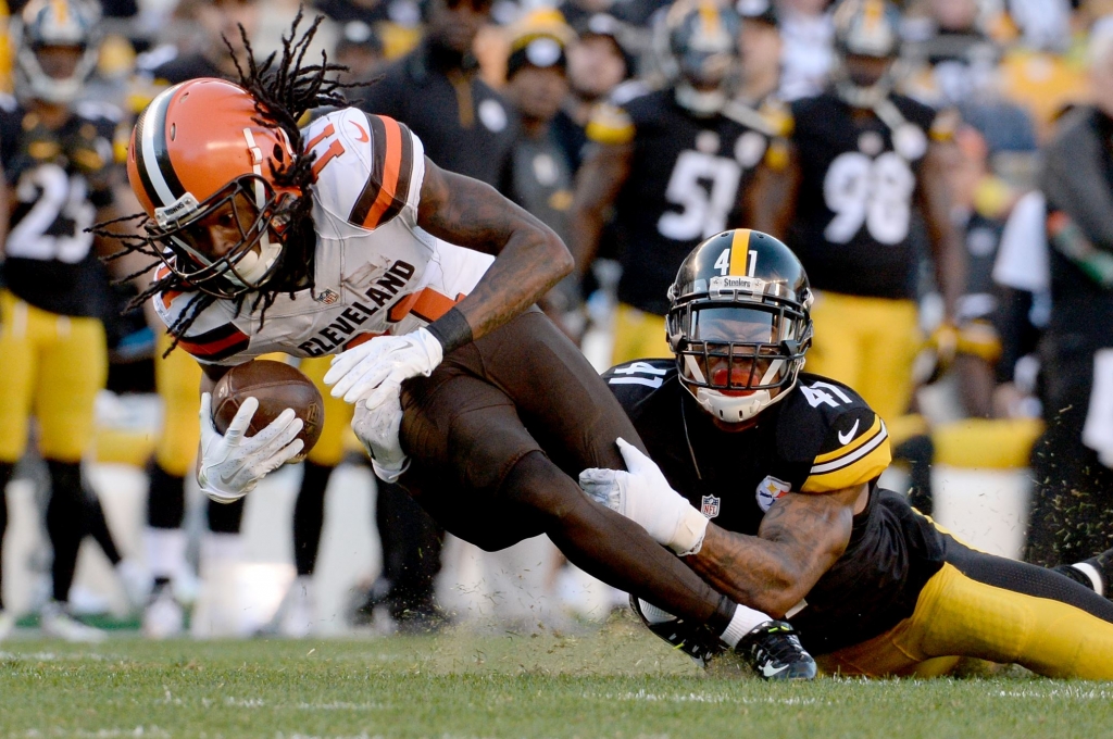 20151115mfssportssteelers19-1 Steelers cornerback Antwon Blake takes down Cleveland receiver Travis Benjamin who had 11 receptions for 113 yards but no touchdowns Sunday at Heinz Field