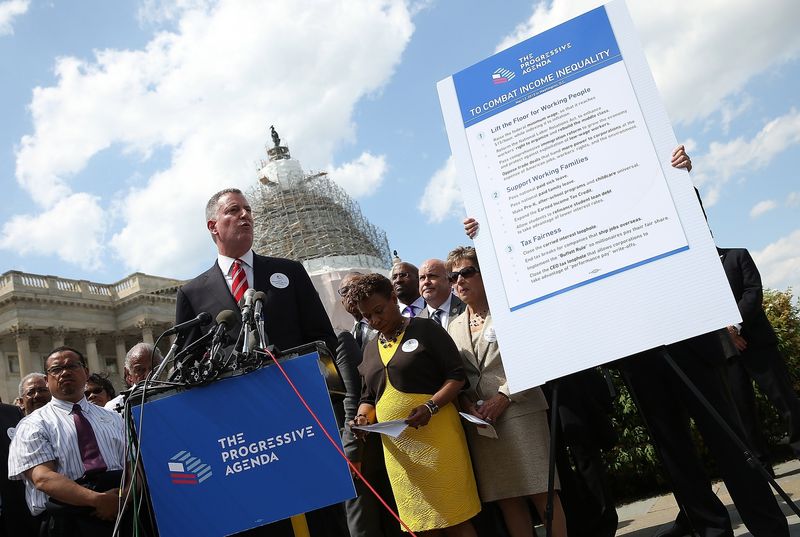 Mayor Bill de Blasio unveils his 'progressive agenda to combat income inequality&#x27 outside the U.S. Capitol