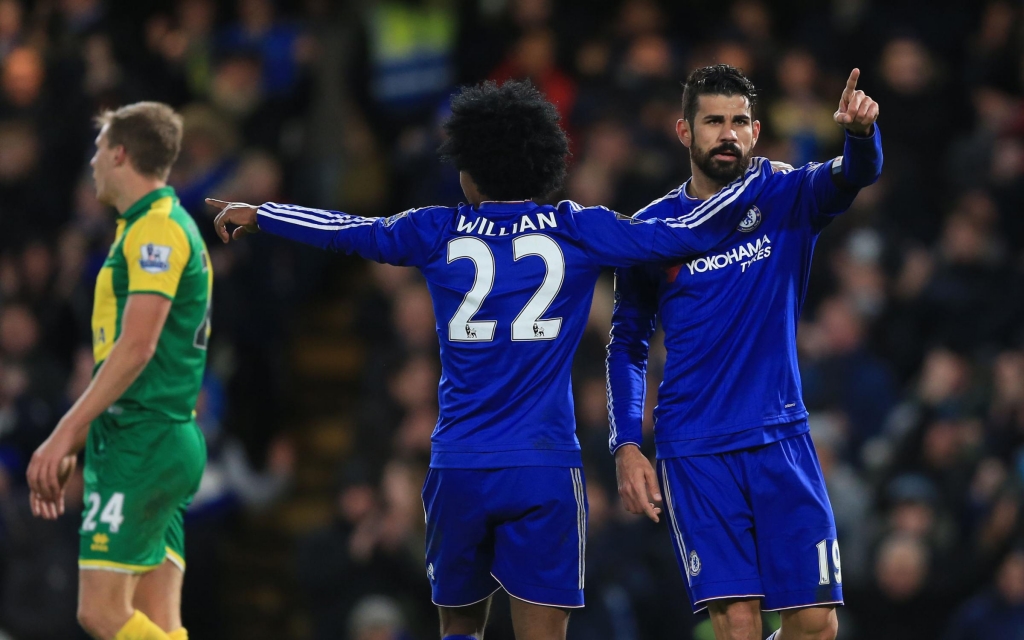 Chelsea's Diego Costa celebrates scoring his side's first goal of the game with Willian during the Barclays Premier League match at Stamford Bridge London. PRESS ASSOCIATION