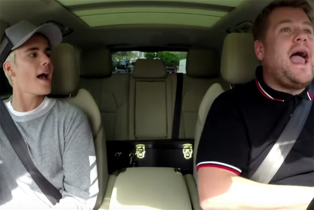 Justin Bieber gives James Corden a make-over as duo make Carpool Karaoke pit-stop