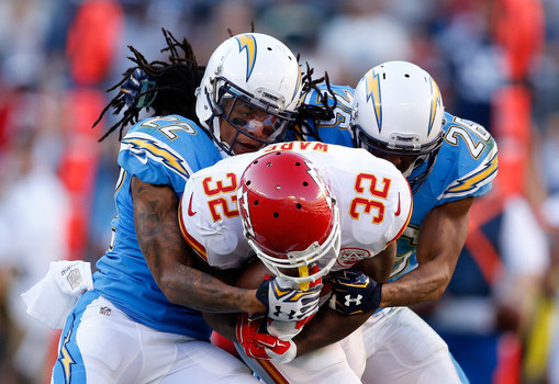 Jason Verrett #22 of the San Diego Chargers and Patrick Robinson #26 of the San Diego Chargers tackle Spencer Ware #32 of the Kansas City Chiefs during the second half of a game at Qualcomm Stadium Sunday. Ware got the last laugh as KC beat San Diego 33-3