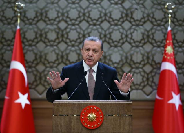 Kayhan Ozer  AP  Turkish President Tayyip Erdogan addresses a meeting at his palace