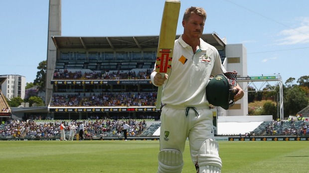 Double centurion David Warner acknowledges the crowd after he was dismissed during day two of the second Test between Australia and New Zealand at the WACA