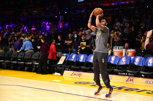 LOS ANGELES CA- OCTOBER 28 D'Angelo Russell #1 of the Los Angeles Lakers warms up for the season opening game against the Minnesota Timberwolves at Staples Center