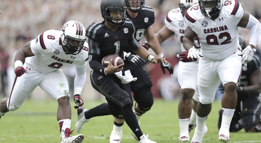 Texas A&M quarterback Kyler Murray runs against South Carolina during the first half of an NCAA college football game Saturday Oct. 31 2015 in College Station Texas