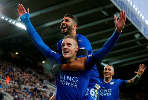 Leicester City's English striker Jamie Vardy celebrates