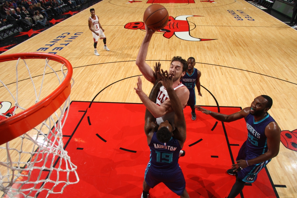 Pau Gasol of the Chicago Bulls shoots the ball against the Charlotte Hornets