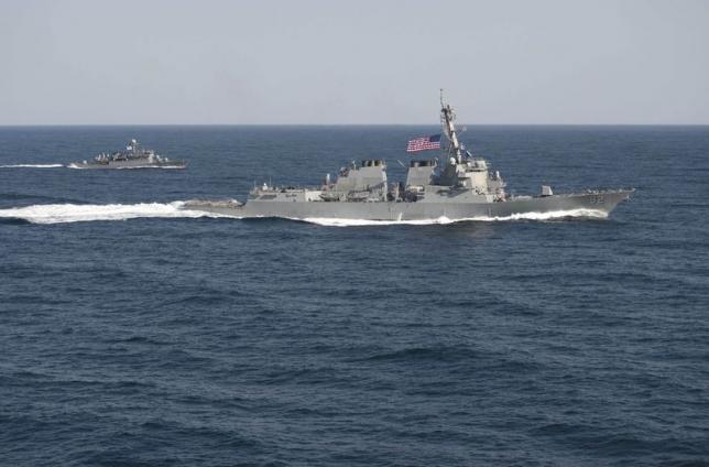 The USS Lassen transits in formation with ROKS Sokcho during exercise Foal Eagle 2015 in waters east of the Korean Peninsula in this