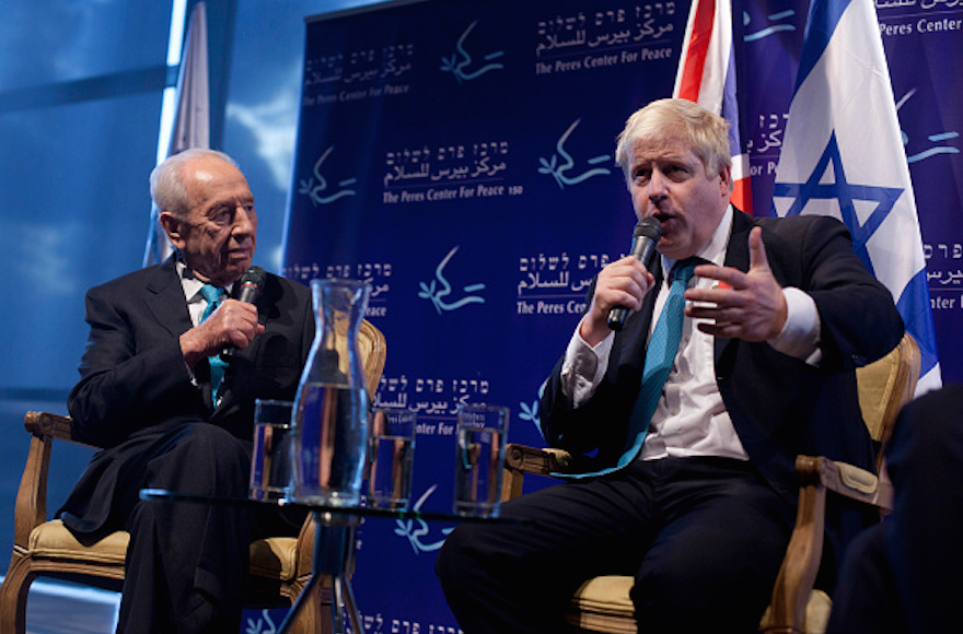 Mayor of London Boris Johnson speaking during a meeting with Former Israeli President Shimon Peres at the Peres Center for Peace in Jaffa Israel Nov. 9 2015