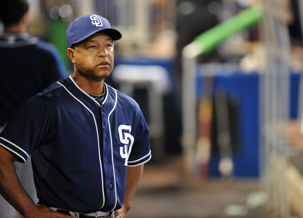 MIAMI FL JUNE 30 Dave Roberts #10 of the San Diego Padres looks on from the dugout during the sixth inning against the Miami Marlins at Marlins Park