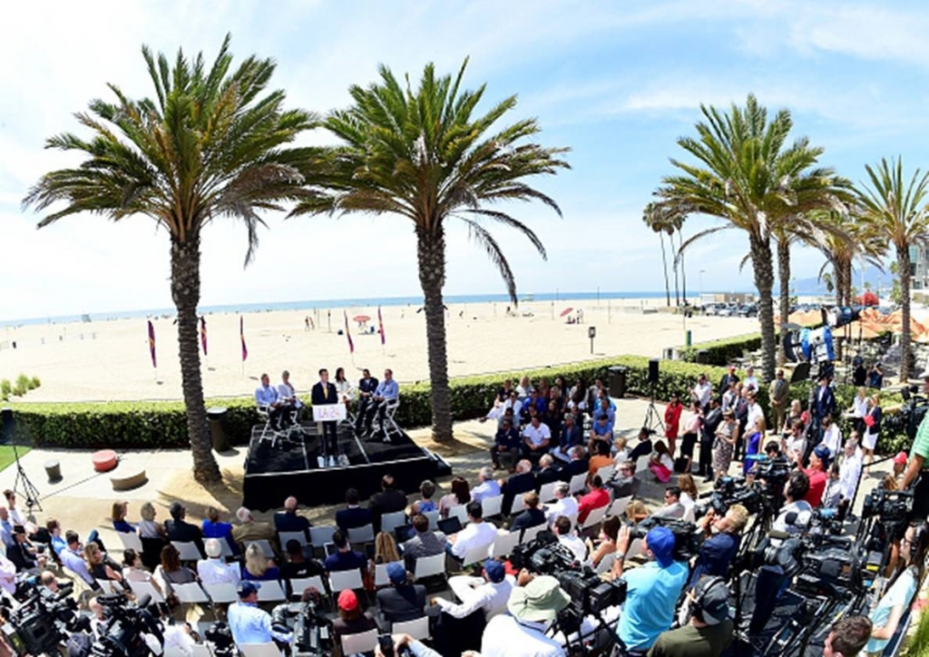 Los Angeles Mayor Eric Garcetti addresses the audience at the Annenberg Community Beach House in Santa Monica California