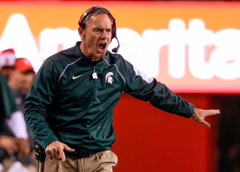 Michigan State head coach Mark Dantonio reacts to a pass interference call during the first half of an NCAA college football game against Nebraska in Lincoln Neb. Saturday Nov. 7 2015