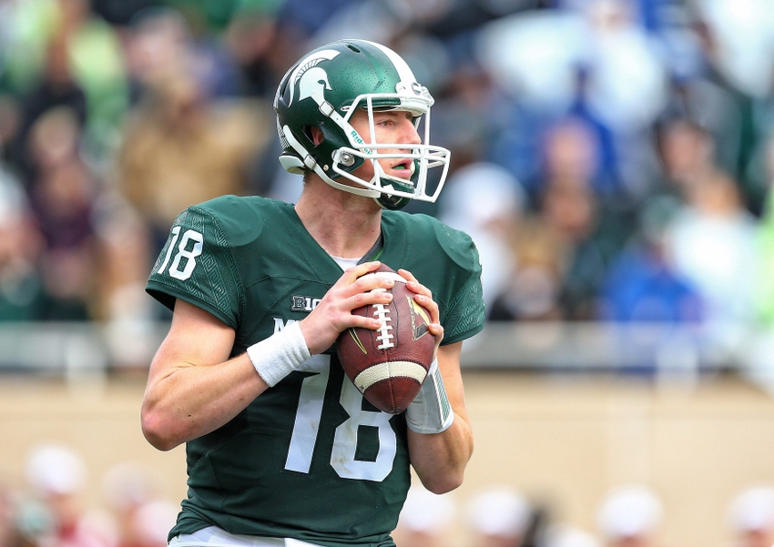 Oct 24 2015 East Lansing MI USA Michigan State Spartans quarterback Connor Cook attempts to throw the ball against the Indiana Hoosiers during the 1st half of a game at Spartan Stadium. Mandatory Credit Mike Carter-USA TODAY Sports