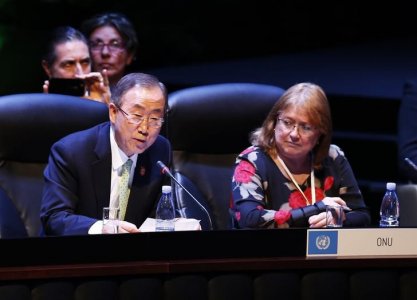 U.N. Secretary General Ban Ki-moon addresses the audience next to Susana Malcorra United Nations Chef de Cabinet to the Executive Office during a session of the Community of Latin American and Caribbean States summit in Havana in this file J