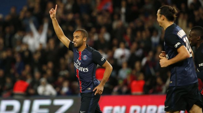 Paris Saint Germain midfielder Lucas Moura reacts after he scored during the French L1 football match between Paris Saint-Germain and Toulouse