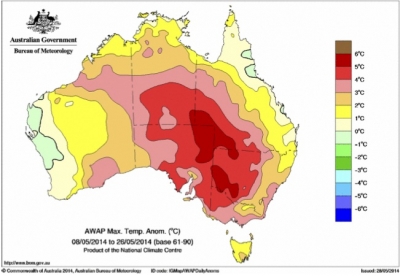 Maximum temperature anomalies for Australia's May 2014 heat wave.
Credit Australia Bureau of Meteorology