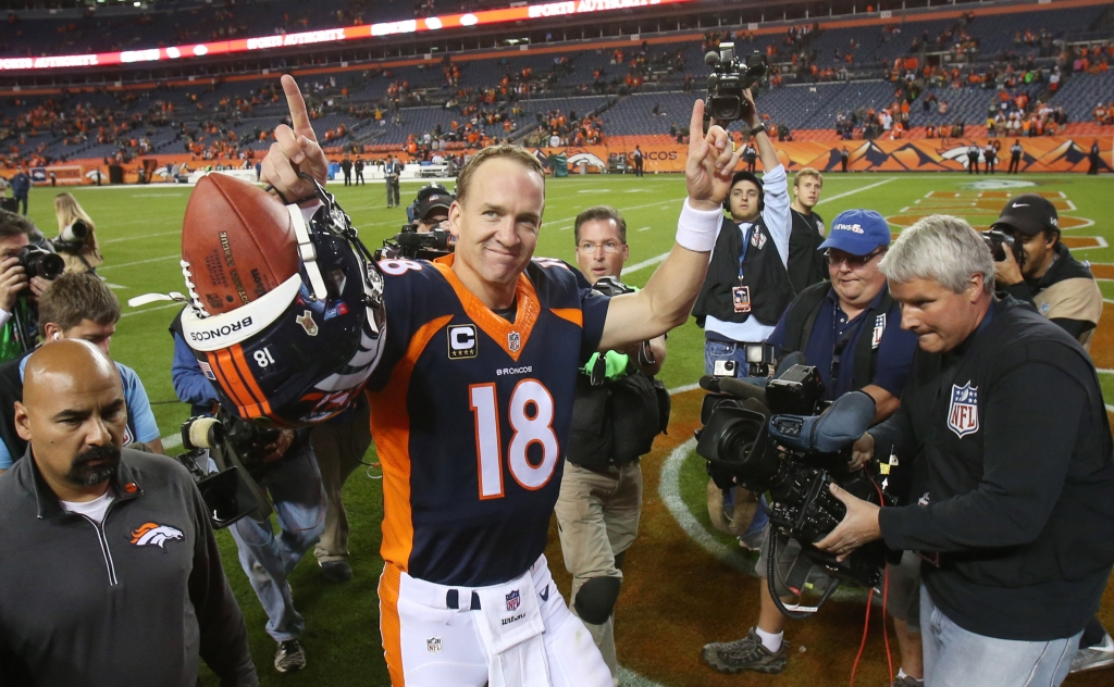 Nov 1 2015 Denver CO USA Denver Broncos quarterback Peyton Manning celebrates after the game against the Green Bay Packers at Sports Authority Field at Mile High. The Broncos won 29-10. Mandatory Credit Chris Humphreys-USA TODAY Sports