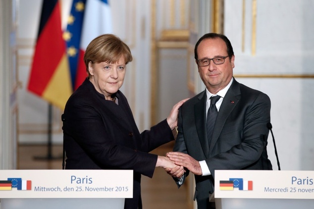 French President Francois Hollande shakes hands with German Chancellor Angela Merkel after a joint press conference at the Elysee presidential palace