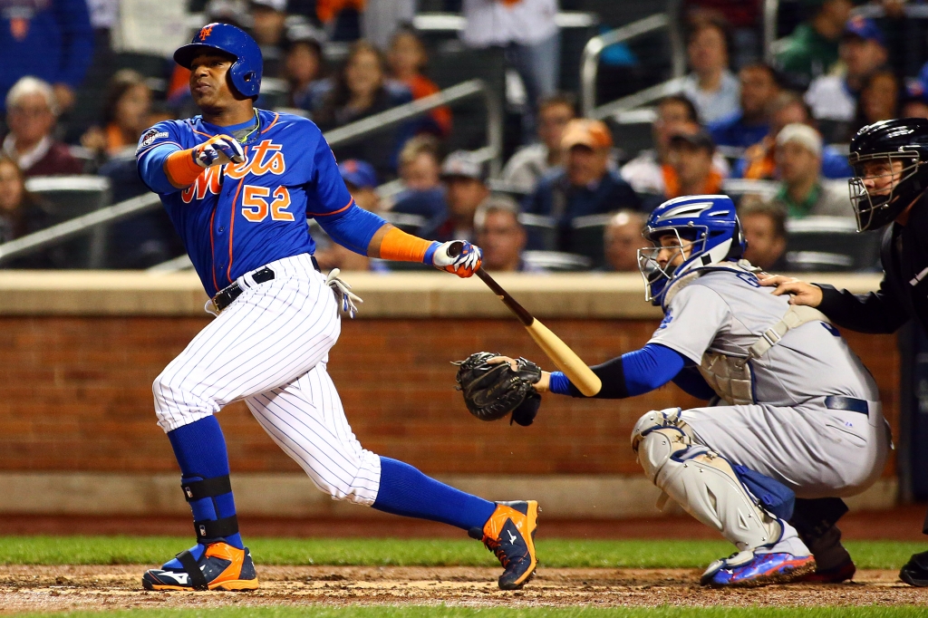 Oct 12 2015 New York City NY USA New York Mets center fielder Yoenis Cespedes hits a three run home run during the fourth inning against the Los Angeles Dodgers in game three of the NLDS at Citi Field. Mandatory Credit Andy Marlin-USA TODAY Spo