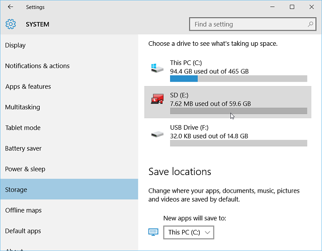 Settings Storage Windows 10