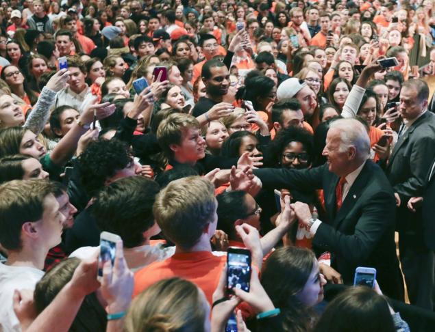 Vice President Joe Biden greets students after speaking at Syracuse University on Thursday